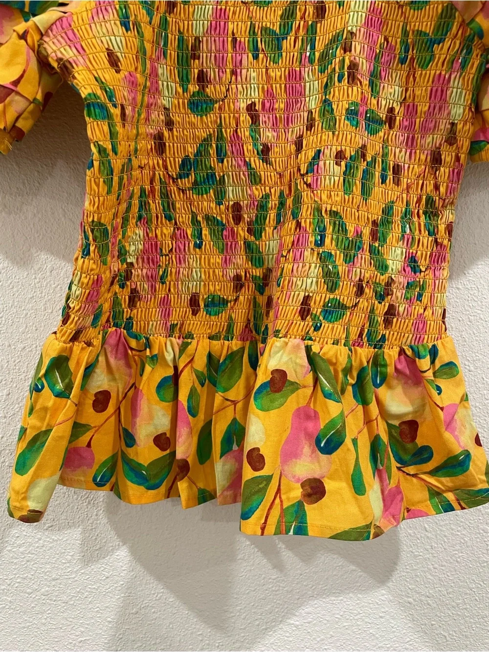 Farm Rio Yellow Floral Smocked Puff-Sleeve Top Tropical Print Size XS